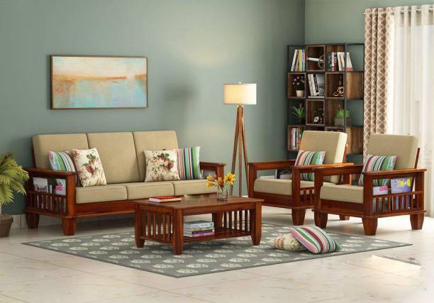 VARSHA FURNITURE Solid Sheesham Wood Premium Quality 5 Seater Sofa Set For Living Room Furniture Fabric 3 + 1 + 1 Sofa Set
