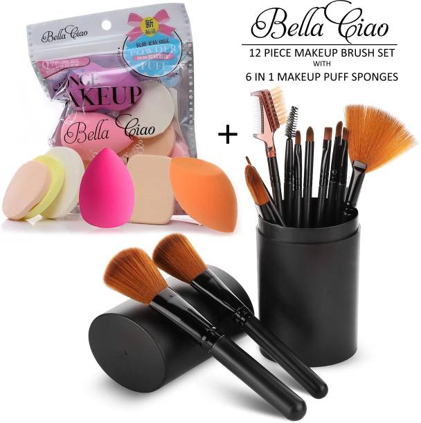 Bella Ciao Professional 12 Piece Makeup Brush Set With Box + Soft 6in1 Makeup Sponge Pack