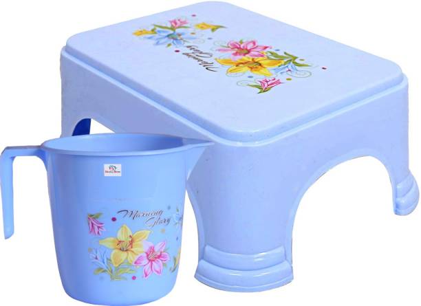 Heart Home Printed 2 Pieces Plastic Bathroom Stool & Mug Set (Blue) 1 L Plastic Bucket