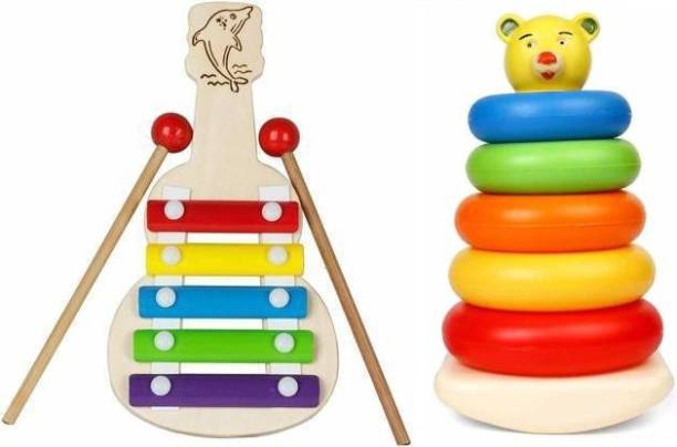 Madrigal Combo Stacking Rings 5X & Wooden Guitar Xylophone (5 Nodes) For Infants