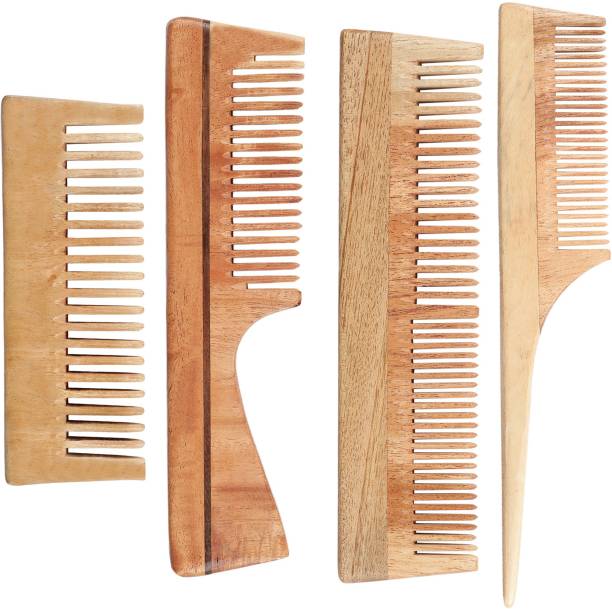 Hubristic Handmade Neem Comb Wooden Anti-Dandruff, Wooden Comb For Men & Women (Pack Of 4)