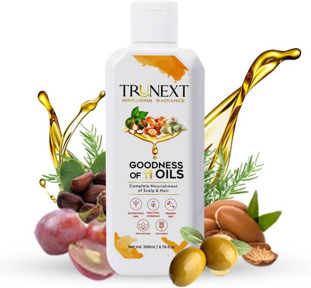 TRUNEXT GOODNESS OF 11 OILS – NO PARABEN AND NO SULPHATE- EXCLUSIVE NATURAL ESSENTIAL OILS FORMULA- BLEND OF NATURAL BOTANICAL OILS SUCH AS ALMOND OIL,OLIVE OIL,GRAPESEED OIL,ROSEMARY OIL,MOROCCAN ARGAN OIL- BEST TO CONTROL DANDRUFF & FOR SOFTER HAIR Hair Oil
