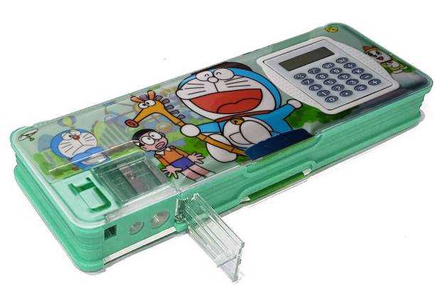 Ambivert Doraemon Multipurpose Pencil Box with Calculator & Dual Sharpener for Kids School Girls & Boys Stationery Box Both Side Open Pencil Case for Students Art Plastic Pencil Box