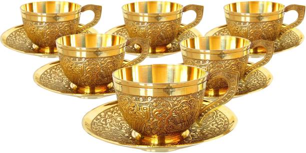 IndianArtVilla Pack of 6 Brass Embossed Cup-Plate Set in Royal Look for Home and Restaurant