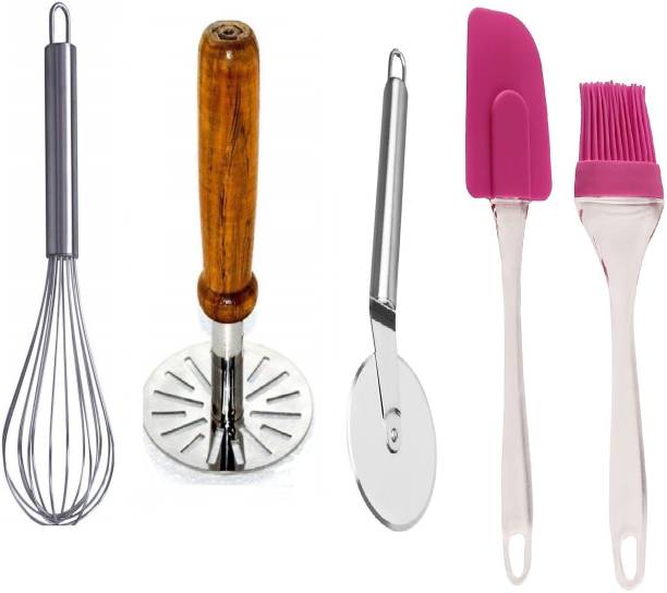 Sampoorna Smart Kitchen Tool Set Utensils Item Whisk, Masher, Pizza Cutter Knife, Brush Set 4 PCS Kitchen Tool Combo Set of Cooking oil brush with potato masher | Whisk and spatula | Stainless Steel Pizza Cutter Set | Spatula and whisk combo | Big Size spatula and brush combo Kitchen Tool Set