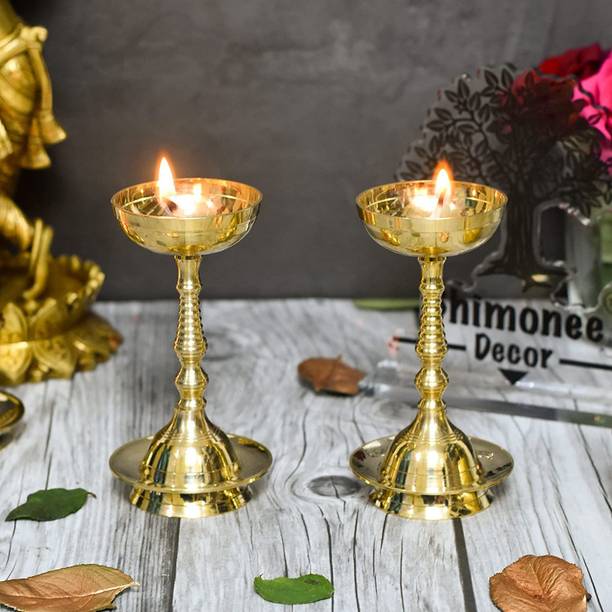 Bhimonee Decor Pure Brass Plain Nanda Bowl Long Table Diya, 5.5 inches Big, Brass, Brass (Pack of 2) Table Diya Set