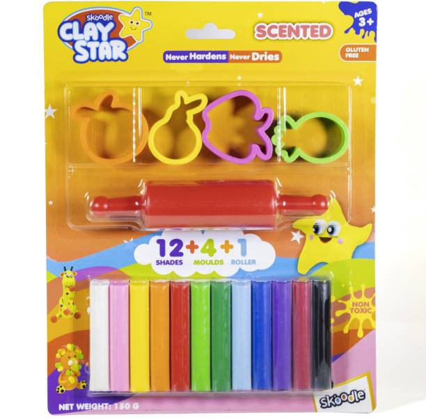 SKOODLE Clay Star 150g Scented Clay Pack of 12 Shades + 4 Moulds + 1 Roller, Multicolor