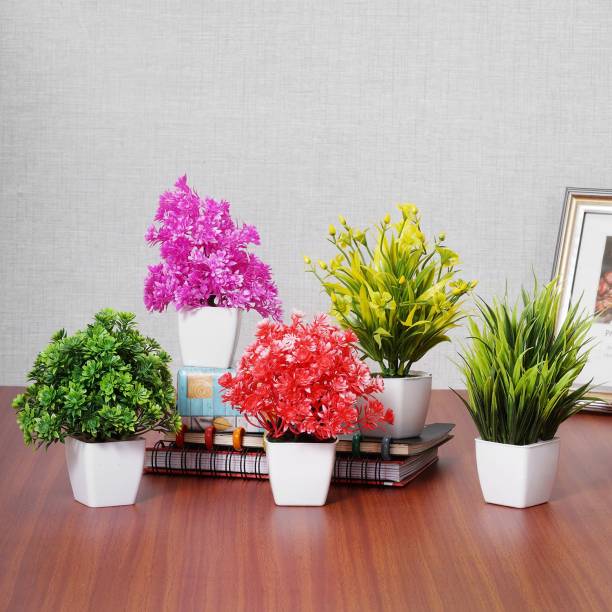 Dekorly Set of 5 Different Types of Decorative Plants Artificial Flowers-Multicolored Bonsai Wild Artificial Plant  with Pot