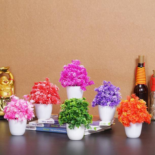 Dekorly Set of 6 Vibrant Colours Artificial Flower Plants For Decoration Bonsai Wild Artificial Plant  with Pot