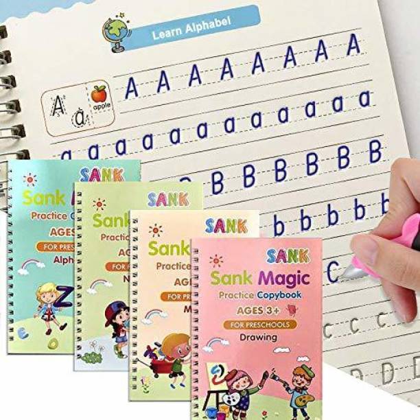 Sank Magic Practice Copybook, (4 BOOK + 10 REFILL+ 1 Pen +1 Grip) Tracing Book For Preschoolers With Pen, Magic Calligraphy Copybook Set Practical Reusable Writing