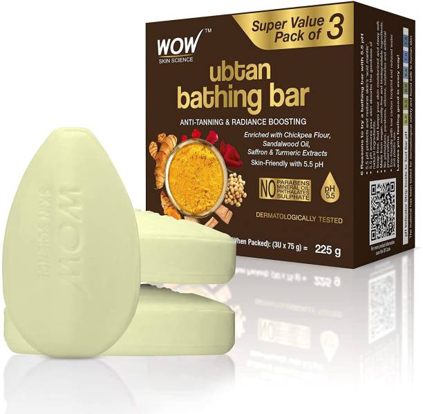 WOW SKIN SCIENCE Ubtan Bathing Bar - Anti-Tanning - with Chickpea flour,Sandalwood Oil, Saffron & Turmeric Extract - Skin-Friendly with 5.5 pH - No Parabens, Mineral Oil, Phthalates, Sulphate - 225g