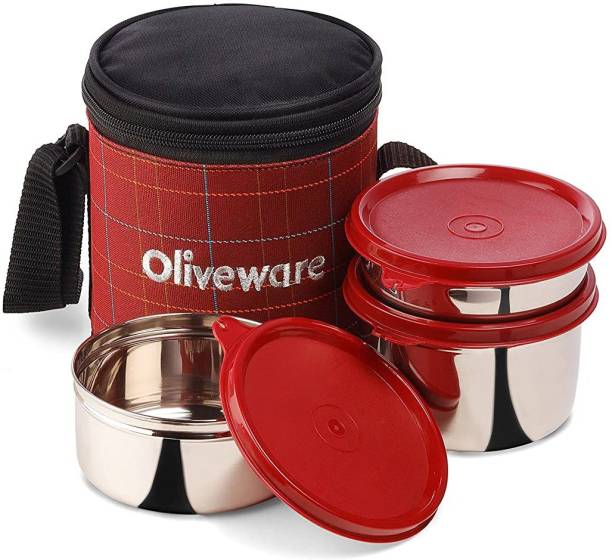 Oliveware Bliss Lunch Box | Stainless Steel Containers| Leak Proof | Easy to Carry 3 Containers Lunch Box