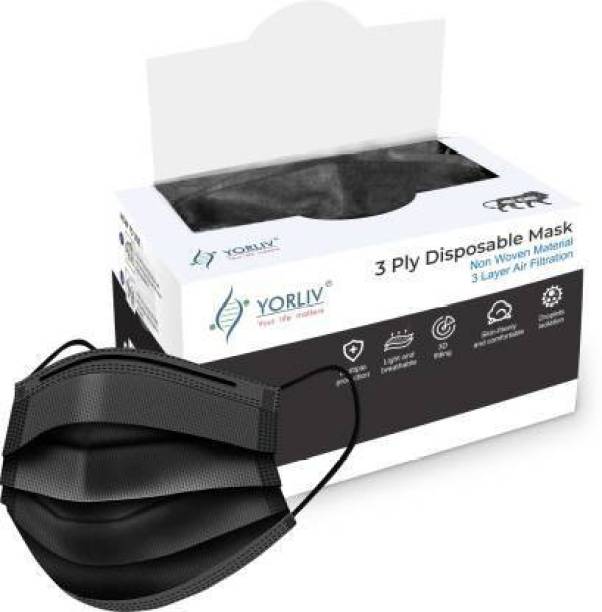 YORLIV 50 Pcs. Surgical 3 Layer Protective Mask With Nose Clip, Jet Black Mask with Black Ear loops (Ultrasonically Welded) & Ultra Soft Ear loops (Box Sealed Packing) Disposable 3 Ply Pharmaceutical Breathable Surgical Anti Pollution Face Mask with Nose Pin For Men, Women, Kids Pharmaceutical Mask Water Resistant Surgical Mask