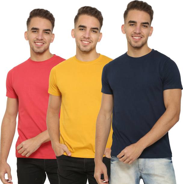 Pack of 3 Men Solid Round Neck Multicolor T-Shirt Price in India