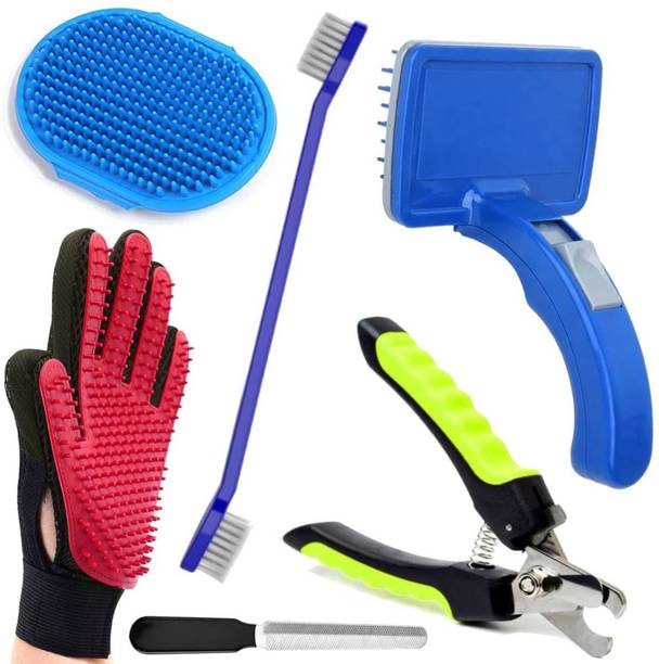 YOUHAVEDEAL Grooming Kit, 23 CM Slicker Brush Nail Cutter, Filer Toothbrush, 2 Gloves-6 in 1 Basic Comb for  Dog, Cat, Hamster, Rabbit