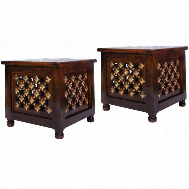 manzees Beautifull Brass Cutting Storage Stool Set of 2 for Living Room | Office Decor Solid Wood Side Table