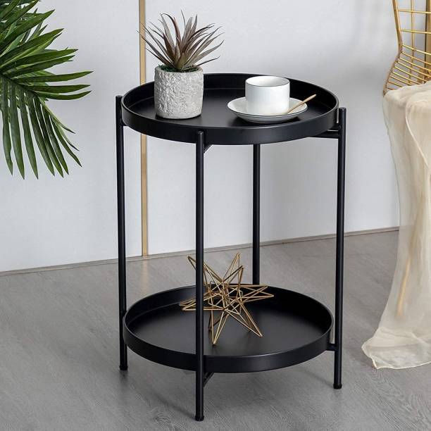 Interior Handicraft 21'' Tall Bedside 2 Tier Folding Round End Table for Home Bedroom Living Room Metal Side Table