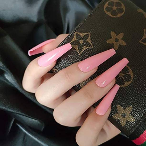 business venture 20 PC/Set Designer Pink long coffin Reusable Artificial Nails with glue. Pink, baby Pink, light pink