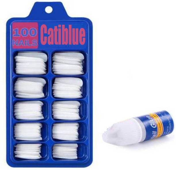 Catiblue Reusable 100 Tips Fake Acrylic Artificial Nails With Glue White (Pack of 100) White