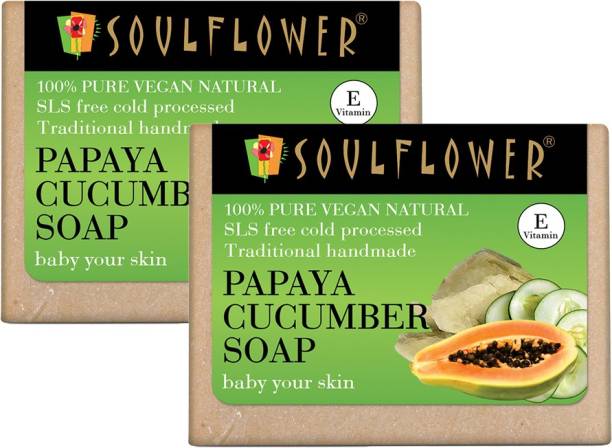 Soulflower Papaya Cucumber Soap 150g, For Skin Brightening, Smooth Skin, Makeup Remover, Luxury, Premium Handmade Soap
