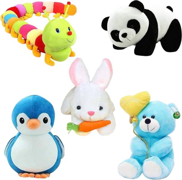 Toyhaven Combo of 5 - panda, rabbit, caterpillar, penguin, teddy with I LOVE YOU balloon  - 25 cm