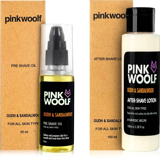 Pink Woolf AFTER SHAVE LOTION & PRE SHAVE OIL, COMBO, Oudh & Sandalwood (Pack of 2)