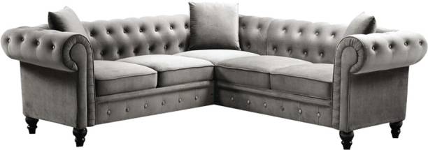 Torque Glacier solid Wood 5 Seater Fabric L Shape Chesterfield Sofa for Living - Grey Fabric 5 Seater  Sofa