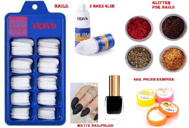 venvo Artifical Nails ,2 Nails Glue, Matte Black Nail polish, polish remover with red,brown, multicolor & golden glitter for nails