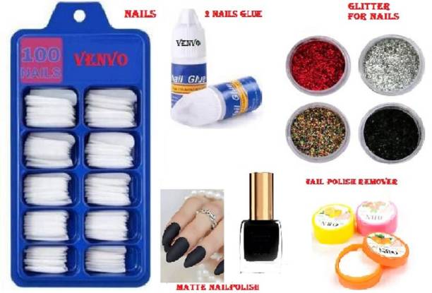 venvo Artifical Nails ,2 Nails Glue , Matte black Nailpolish, 32wipes of polish remover with red, silver, golden & black glitter