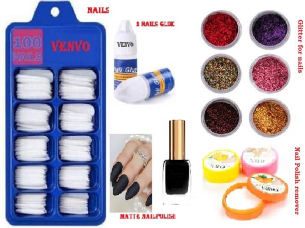 venvo Artifical Nails ,2 Nails Glue, Matteblack Nailpolish,1nailspolish remover with red,blue multicolor,pink,brown,golden glitter