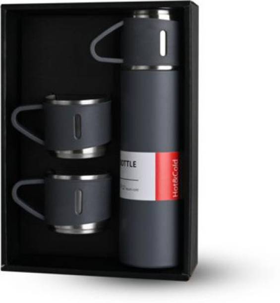 Amor Grey Vacuum Flask Gift Set Bottle with 3 Cups 500 ml Flask