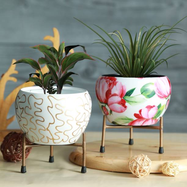 homspurts Metal Planter Pot with Tablestand (Multicolor, Set of 2) | 6x5 inch | Iron Vase