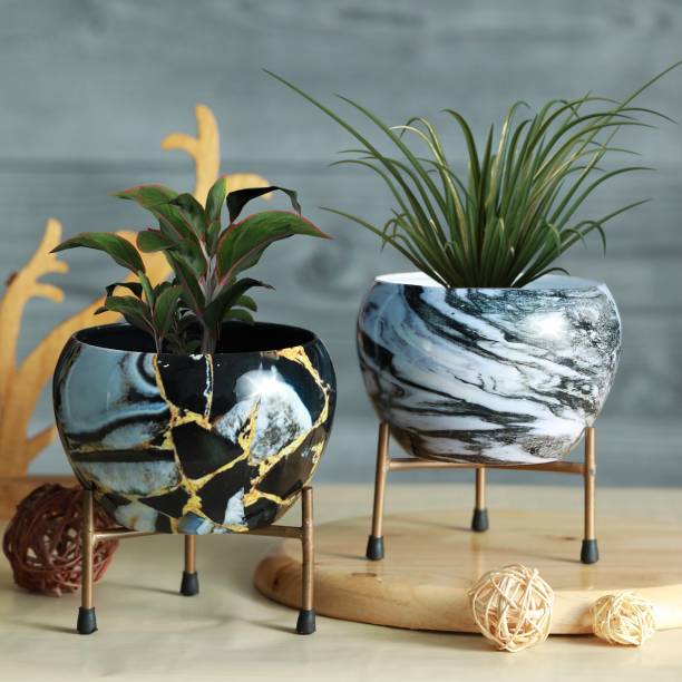 homspurts Metal Planter Pot with Tablestand (Multicolor, Set of 2) | 6x 5 in | Iron Vase