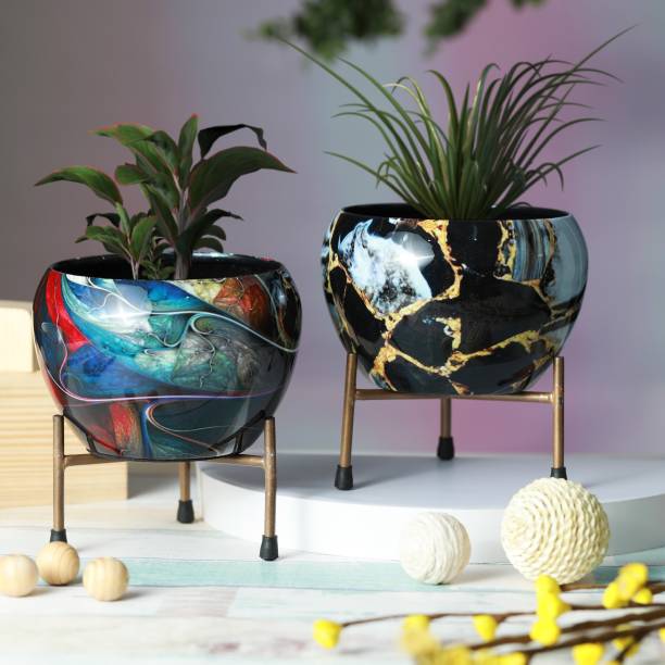homspurts Metal Planter Pot with Tablestand (Multicolor, Set of 2) | 6 x 5 in | Iron Vase