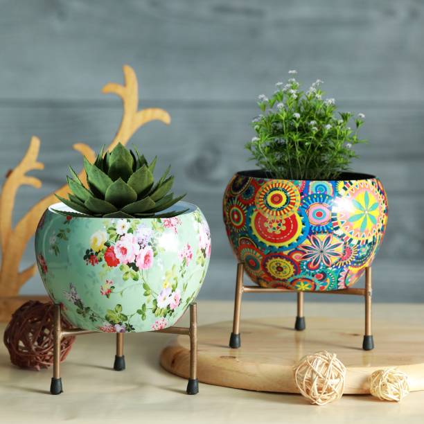 homspurts Combo Set Of 2 Multicolor 6x5 inch's Metal Planter Pot With Tablestand Iron Vase