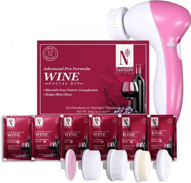 NutriGlow NATURAL'S Advanced Pro Formula Wine Facial Kit (60gm) with 5 in 1 Rotating Face Massager