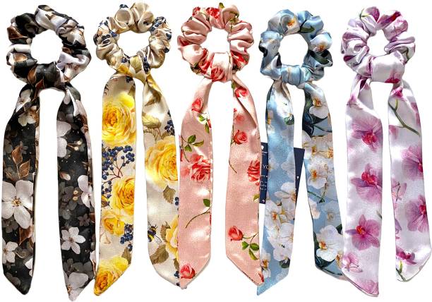 silvr bear Luxury Satin - Set of 5 SAME COLORS, Floral Printed Ribbon Scarf Scrunchies Rubber Band