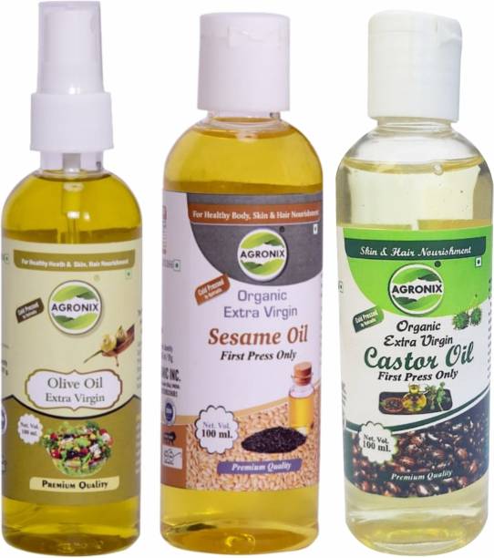 Agronix Cold Press Extra Virgin Castor Sesame Olive Oil Combo (100 ML Each ) Hair , Skin Castor Oil PET Bottle