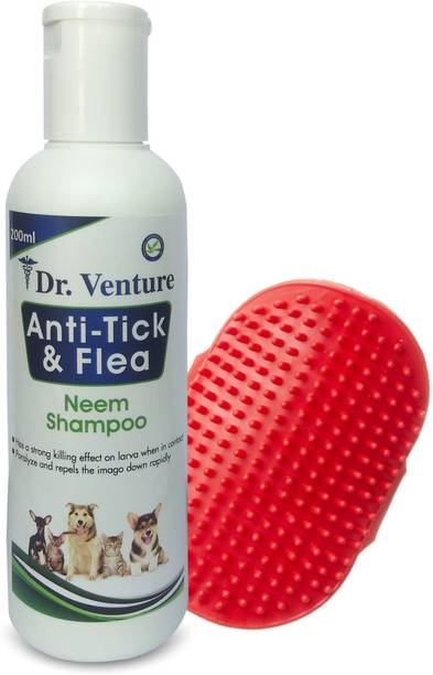 Dr Venture Anti-Tick and Flea Shampoo 200 ml + Bathing and Grooming Hand Brush Flea and Tick, Allergy Relief, Anti-itching Lemongrass Dog Shampoo