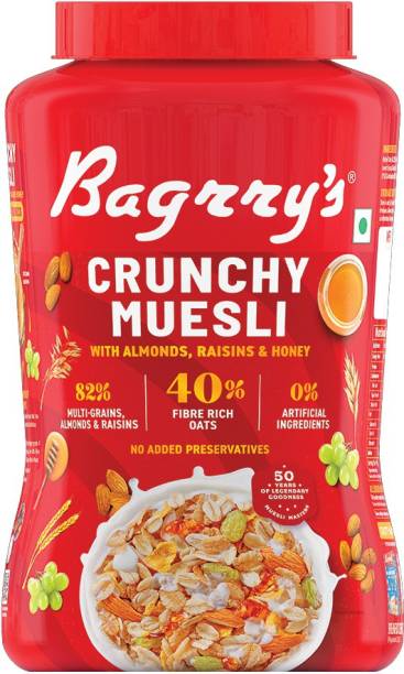 Bagrry's Crunchy Muesli with Almonds, Raisins & Honey | 40% Fibre Rich Oats Plastic Bottle