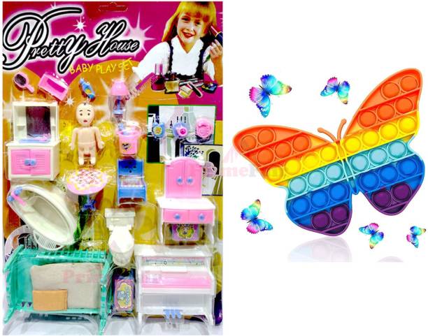 PRIMEFAIR Dollhouse Playset Sets with Pop it, Dollhouse 21 Playset for Girl's Butterfly