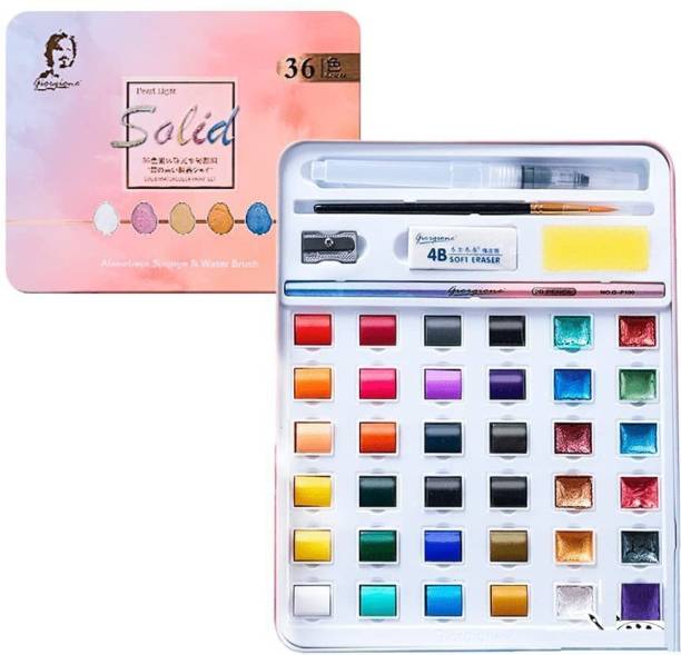 ADICHAI 36 Colors Solid Watercolor Paint Set - Absorbent Sponge And Water Brush