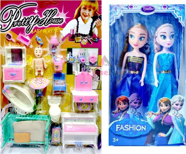 PRIMEFAIR Dollhouse Playset Portable Sets with Two Sister Dolls