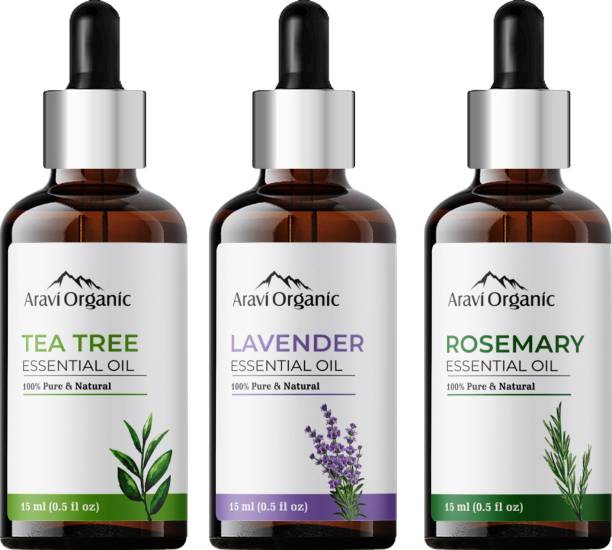 Aravi Organic Tea Tree, Lavender and Rosemary Essential Oil Combo Pack (15 ml + 15 ml + 15 ml) |100% Pure, Undiluted, Natural Aromatherapy, Therapeutic Grade for Healthy Skin, Face, and Hair Care