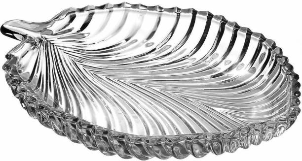 FLOSTRAIN Leaf Shape Crystal Glass Tray || Decorative Serving Plate for Dry Fruits, Snacks Tray