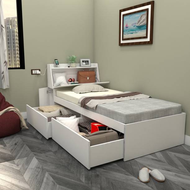 Studio Kook Tribe Left with Headboard storage Engineered Wood Single Drawer Bed