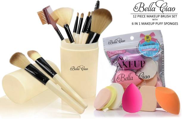 Bella Ciao 12 Piece Makeup Brush Set With Storage Box + Soft 6in1 Makeup Sponge Puff Pack