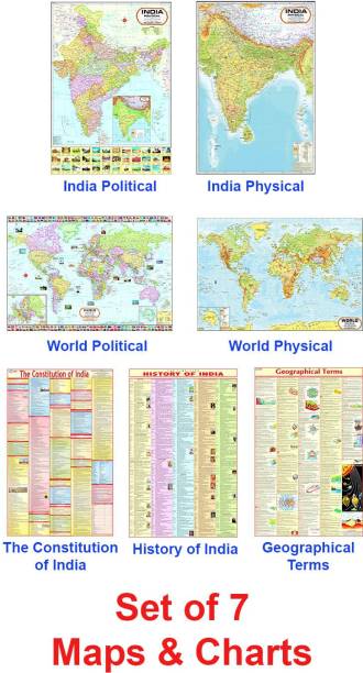 MAPS FOR UPSC ( SET OF 7 ) ENGLISH | INDIA & WORLD MAPS ENGLISH ( POLITICAL & PHYSICAL ) , CONSTITUTION OF INDIA, HISTORY OF INDIA & GEOGRAPHY TERMS CHART | SET OF 7 | NON LAMINATED PAPER MAPS Paper Print