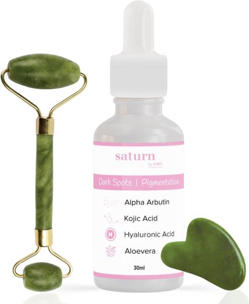 saturn by ghc 2% Alpha Arbutin Serum With Jade Roller Face Massager and Gua Sha| Improves Skin Elasticity | Dark Spots & Pigmentation