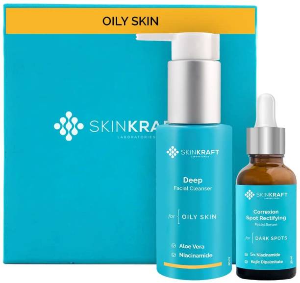 Skinkraft Oily Skin Face Cleanser & Facial Serum Combo - Deep Facial Cleanser & Correxion Spot Rectifying Facial Serum - Net Vol: 90 ml
